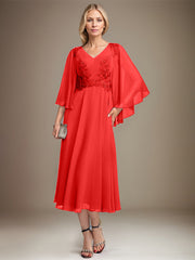 A-line V-Neck Tea-Length Chiffon Lace Mother of the Bride Dress With Sequins Beading