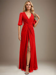 A-line V-Neck Floor-Length Chiffon Evening Dress With Pleated