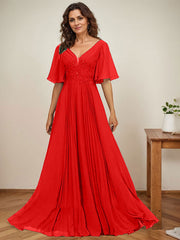 A-line V-Neck Floor-Length Chiffon Mother of the Bride Dress With Sequins Appliques Lace Pleated