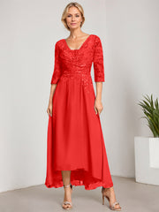 A-line V-Neck Asymmetrical Chiffon Lace Mother of the Bride Dress With Pleated Beading