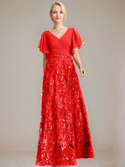 A-line V-Neck Floor-Length Lace Sequin Chiffon Mother of the Bride Dress With Pleated