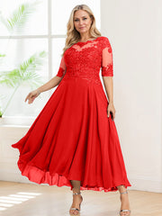A-line Illusion Boat Neck Asymmetrical Chiffon Lace Mother of the Bride Dress With Sequins Beading