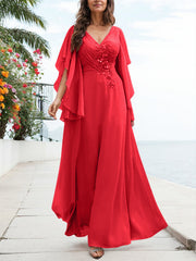 A-Line V-Neck Floor-Length Chiffon Mother Of The Bride Dresses With Appliques Lace