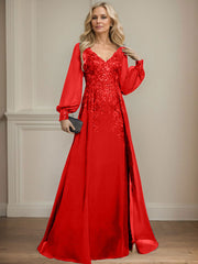 A-Line V-Neck Long Sleeves Floor-Length Chiffon Mother Of The Bride Dresses With Lace