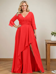 A-line V-Neck Floor-Length Chiffon Mother of the Bride Dress With Cascading Ruffles