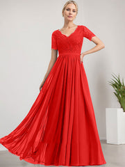 A-line V-Neck Floor-Length Lace Chiffon Mother of the Bride Dress