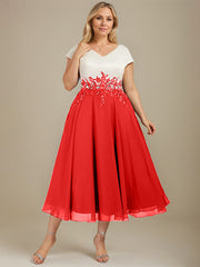A-line V-Neck Tea-Length Satin Chiffon Mother of the Bride Dress With Appliques Lace