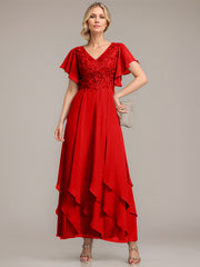 A-line V-Neck Ankle-Length Lace Chiffon Mother of the Bride Dress With Cascading Ruffles