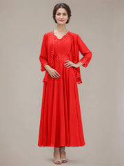 A-line V-Neck Ankle-Length Chiffon Mother of the Bride Dress With Sequins Appliques Lace Beading