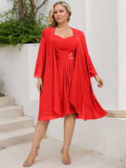 Sheath/Column Sweetheart Knee-Length Chiffon Mother of the Bride Dress With Beading Appliques Lace Sequins Pleated