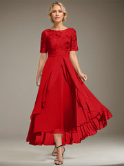 A-line Scoop Illusion Asymmetrical Lace Chiffon Mother of the Bride Dress