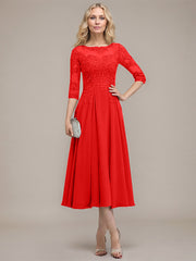 A-line Scoop Illusion Tea-Length Chiffon Lace Mother of the Bride Dress With Sequins Beading