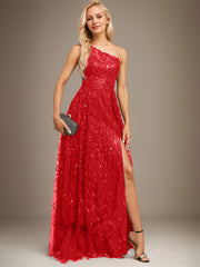 A-line One Shoulder Illusion Floor-Length Sequin Lace Evening Dress