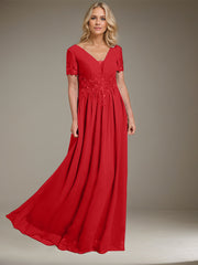 A-line V-Neck Floor-Length Chiffon Mother of the Bride Dress With Appliques Lace