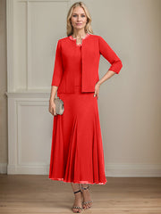 Separates A-line Scoop Tea-Length Chiffon Mother of the Bride Dress With Sequins Beading