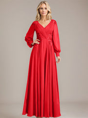 A-line V-Neck Floor-Length Chiffon Mother of the Bride Dress With Sequins Appliques Lace Pleated
