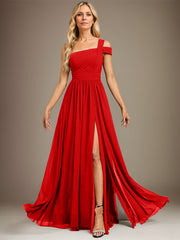A-line Cold Shoulder One Shoulder Floor-Length Chiffon Evening Dress With Pleated