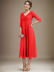 A-line V-Neck Tea-Length Chiffon Lace Mother of the Bride Dress With Beading