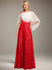 A-line Scoop Floor-Length Lace Sequin Chiffon Mother of the Bride Dress With Pleated