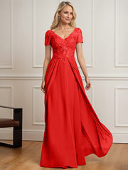 A-line V-Neck Floor-Length Chiffon Lace Mother of the Bride Dress