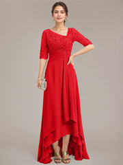 A-line Asymmetrical Asymmetrical Lace Chiffon Mother of the Bride Dress With Pleated Sequins