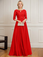 A-line Scoop Floor-Length Lace Chiffon Mother of the Bride Dress With Crystal Brooch Sequins