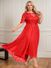A-line Scoop Illusion Asymmetrical Lace Chiffon Mother of the Bride Dress With Sequins