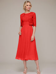 A-line/Princess Scoop Tea-Length Chiffon Mother of the Bride Dress With Lace Jacket