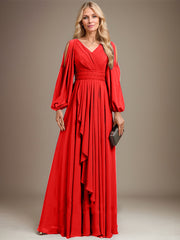 A-line Cold Shoulder V-Neck Floor-Length Chiffon Mother of the Bride Dress With Cascading Ruffles Beading