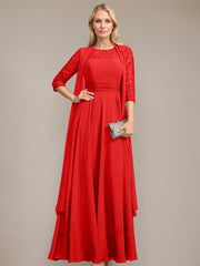 A-line Scoop Illusion Floor-Length Lace Chiffon Mother of the Bride Dress With Pleated