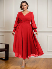 A-line V-Neck Tea-Length Chiffon Mother of the Bride Dress With Pleated