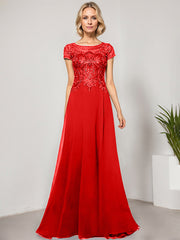 A-line Scoop Illusion Floor-Length Lace Chiffon Evening Dress With Sequins