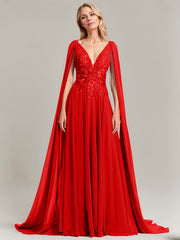 A-line V-Neck Sweep Train Lace Chiffon Evening Dress With Sequins