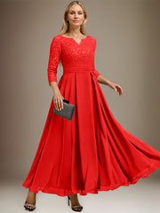 A-line V-Neck Ankle-Length Chiffon Lace Mother of the Bride Dress With Rhinestone