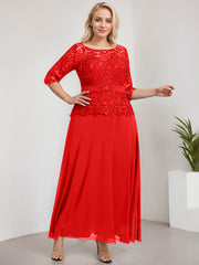 A-line Scoop Illusion Ankle-Length Chiffon Lace Mother of the Bride Dress With Rhinestone Beading