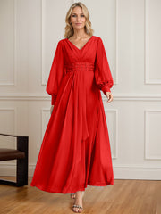 A-line V-Neck Ankle-Length Chiffon Mother of the Bride Dress With Cascading Ruffles Beading Sequins