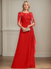 A-line Scoop Illusion Floor-Length Lace Chiffon Mother of the Bride Dress With Cascading Ruffles Sequins