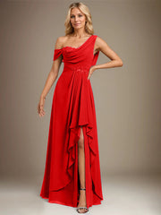 A-line Asymmetrical Floor-Length Chiffon Evening Dress With Cascading Ruffles Appliques Lace Sequins
