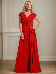 A-line V-Neck Floor-Length Chiffon Mother of the Bride Dress With Pleated Sequins Beading