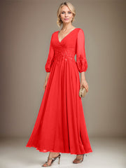 A-line V-Neck Ankle-Length Lace Chiffon Mother of the Bride Dress With Sequins