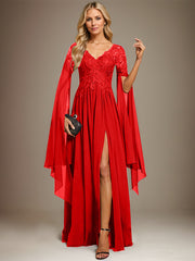 A-line V-Neck Floor-Length Lace Chiffon Evening Dress