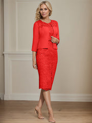 Sheath/Column Scoop Knee-Length Chiffon Lace Mother of the Bride Dress With Beading