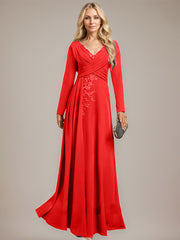 A-line V-Neck Floor-Length Stretch Crepe Evening Dress With Pleated Sequins Appliques Lace