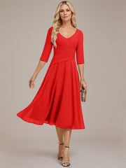 A-line V-Neck Tea-Length Chiffon Mother of the Bride Dress With Pleated