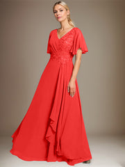 A-line V-Neck Floor-Length Lace Chiffon Mother of the Bride Dress With Cascading Ruffles Sequins