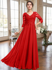 A-line V-Neck Floor-Length Lace Chiffon Mother of the Bride Dress With Sequins