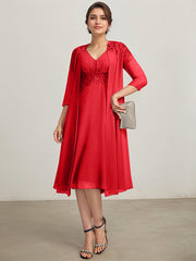 A-line V-Neck Knee-Length Chiffon Lace Mother of the Bride Dress With Pleated Beading Sequins