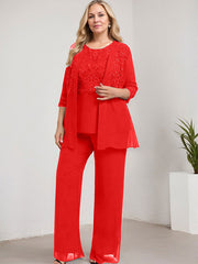 Separates Pantsuit Scoop Floor-Length Lace Chiffon Mother of the Bride Dress With Sequins