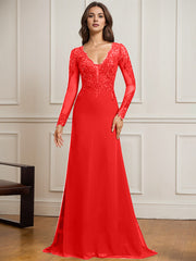 Sheath/Column V-Neck Detachable Sweep Train Lace Tulle Chiffon Mother of the Bride Dress With Sequins