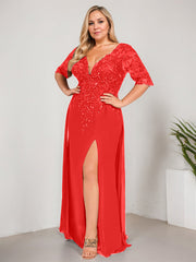 Sheath/Column V-Neck Floor-Length Lace Chiffon Mother of the Bride Dress With Sequins